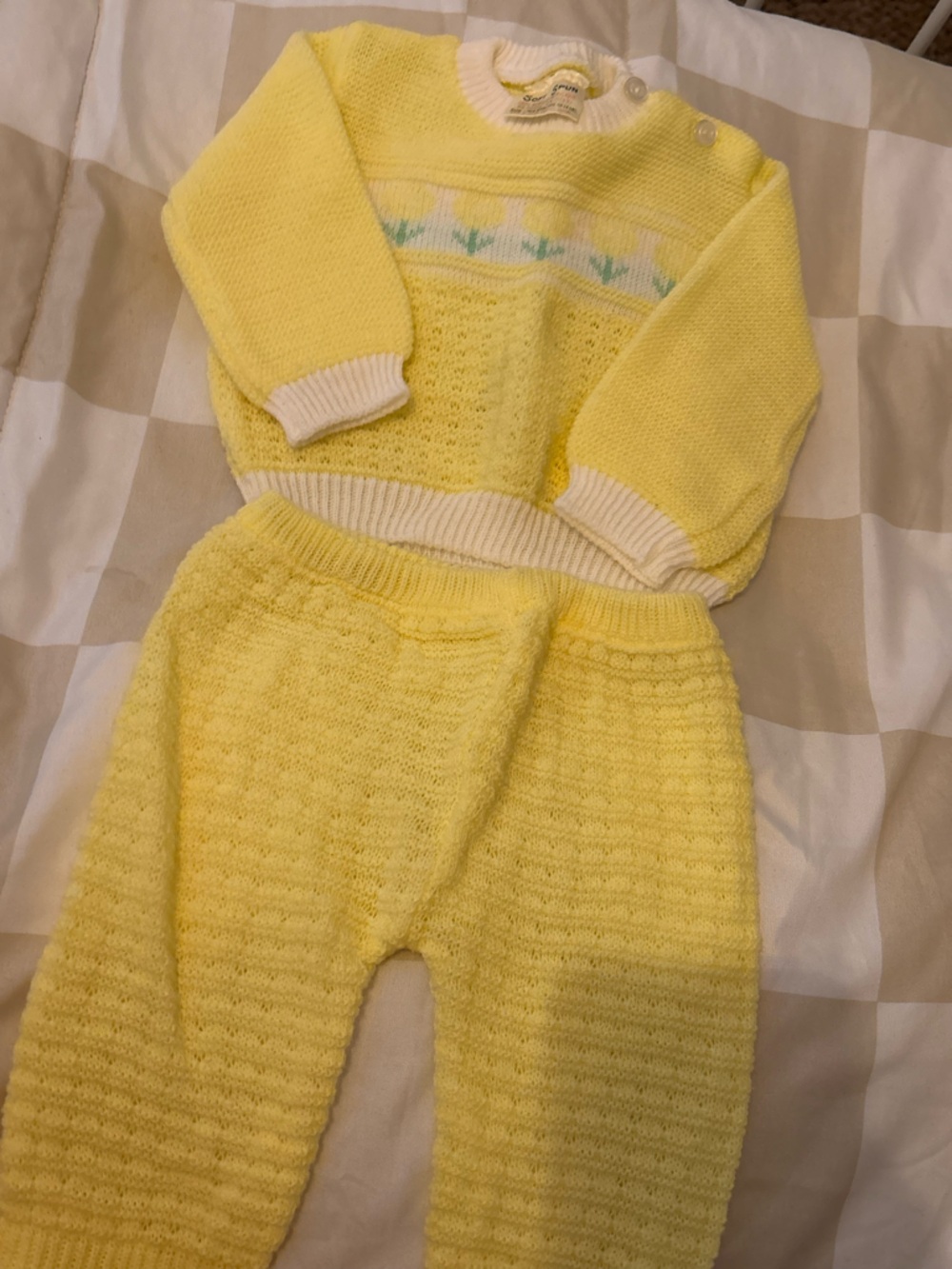 Vintage Yellow Knit Sweater & Pants Set with Cream Trim